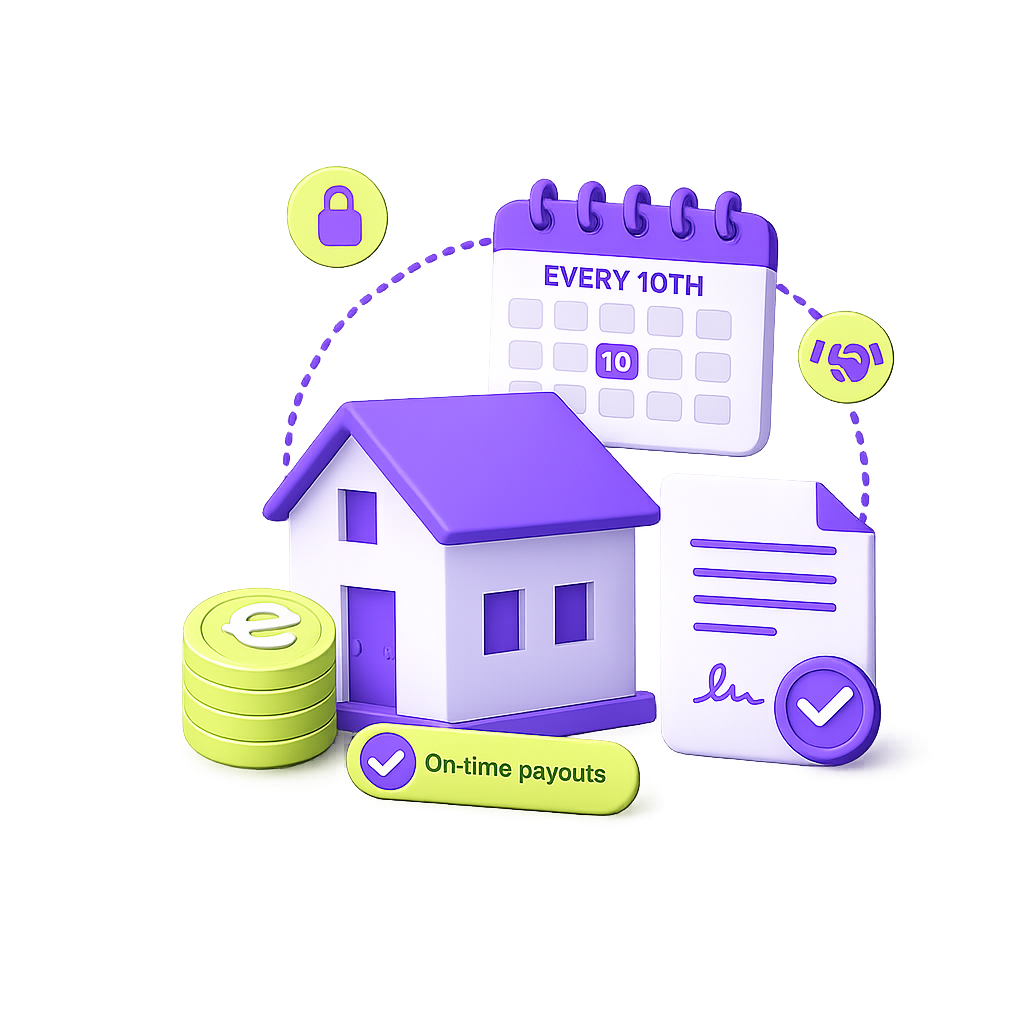 Illustration of a landlord's house with a rent collection calendar marked every 10th, a signed tenancy agreement, and coins, representing on-time rent payouts through est8Ledger