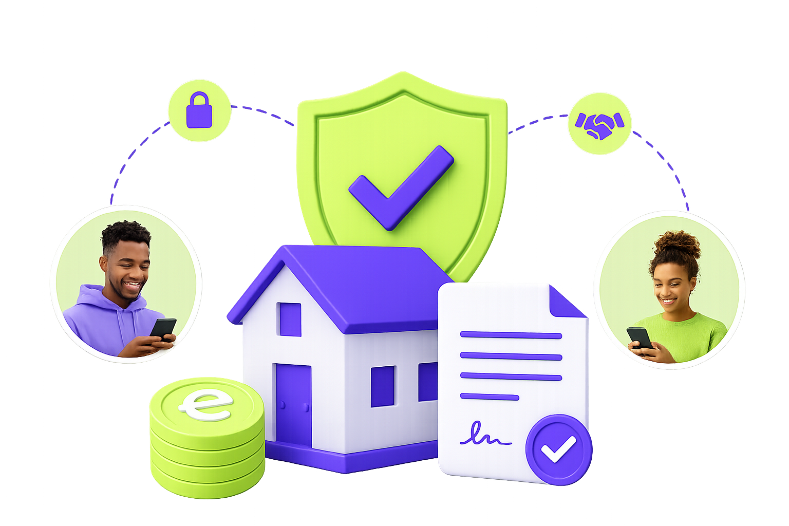 Illustration of a landlord and tenant securely managing a rental security deposit through est8Ledger, protected by escrow, a signed digital agreement, and a shared record of trust